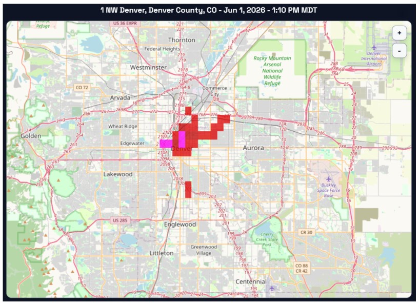 Hail-filtered radar overlay on a street map