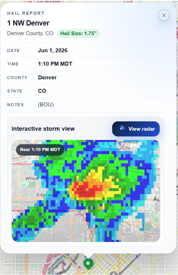 Hail report details with an interactive radar preview